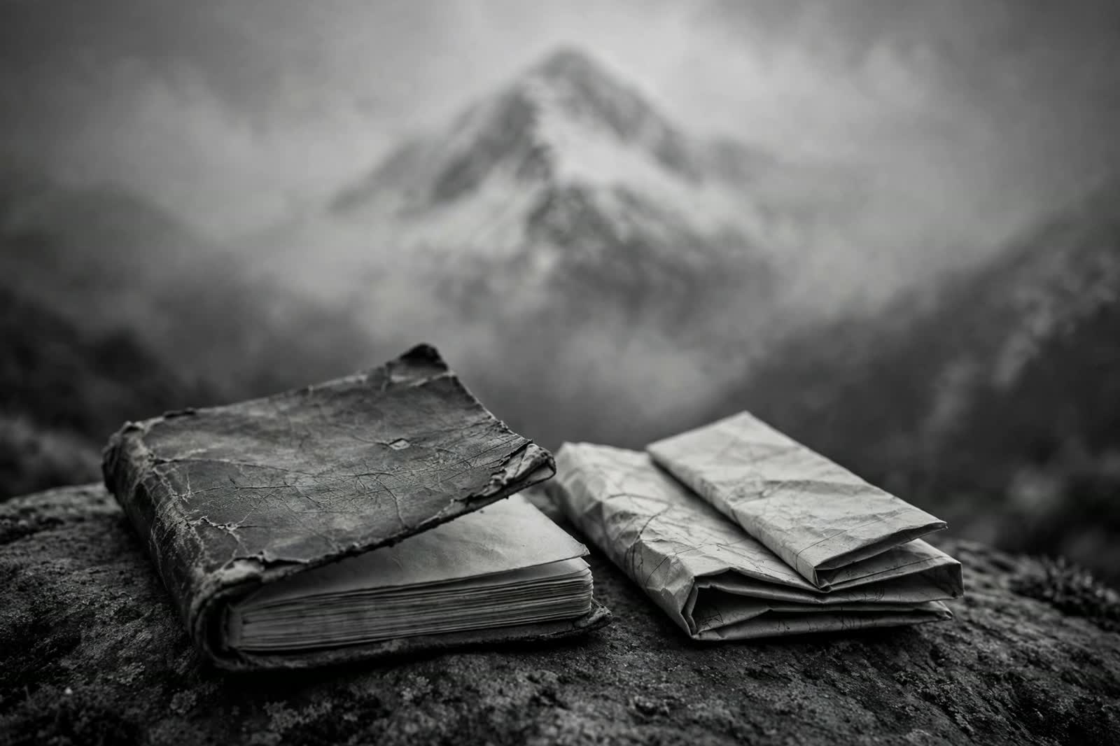 Guidebook and folded map lying on a rock with a snowy peak behind